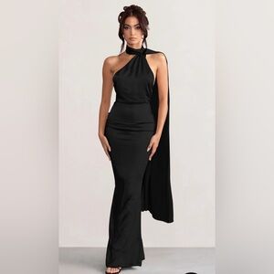 CLUB L LONDON MADEMOISELLE
BLACK SATIN ASYMMETRIC SCARF NECK BACKLESS MAXI DRESS